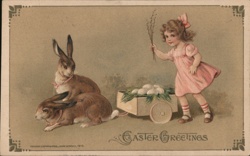 Little Girl with Easter Bunnies and Eggs - Vintage Easter Greeting With Bunnies Postcard Postcard Postcard