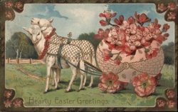 Easter Lambs Pulling Flower-Filled Egg Cart, Vintage Postcard With Lambs Postcard Postcard