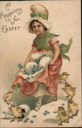 Little Girl with Easter Eggs and Chicks - Vintage Easter Postcard With Chicks Postcard Postcard