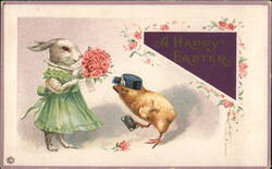 Easter Bunny & Chick, Pink Roses Bouquet, Vintage Holiday Postcard With Bunnies Postcard Postcard