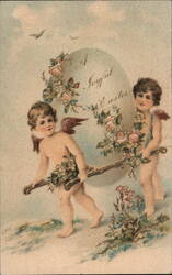 Two Cherubs with Easter Egg and Flowers - Vintage Easter Greeting Postcard