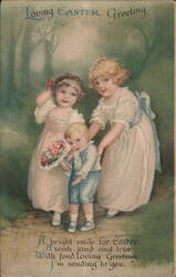 Three Children Easter Greeting, Vintage Embossed Postcard With Children Postcard Postcard