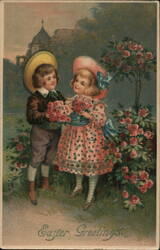 Easter Children with Flowers, Vintage Holiday Postcard With Children Postcard Postcard