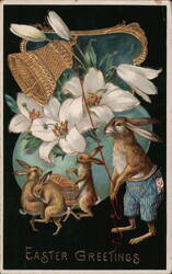 Easter Bunnies with Lilies and Bell - Vintage Holiday Greeting With Bunnies Postcard Postcard Postcard