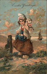 Dutch Girl with Lamb & Easter Eggs, Seaside With Children Postcard Postcard Postcard