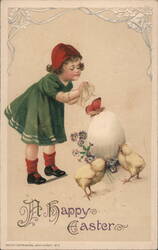 Happy Easter Girl with Chicks, Butterfly & Egg - Vintage Illustration Postcard Postcard Postcard