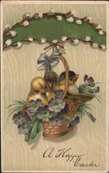 Happy Easter Chicks in Basket with Violets Postcard Postcard Postcard