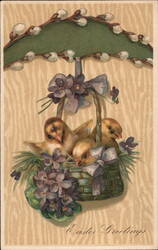 Easter Chicks in Basket, Violets, Pussy Willows - Vintage Easter Greeting With Chicks Postcard Postcard Postcard