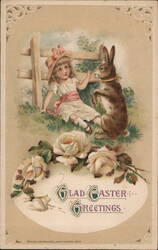 Little Girl & Easter Bunny with Roses - Vintage Easter Greeting With Bunnies Postcard Postcard Postcard