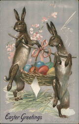 Two Rabbits Carrying Easter Eggs Basket - Vintage Illustration With Bunnies Postcard Postcard Postcard