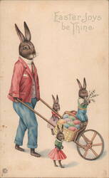 Anthropomorphic Easter Bunny Family with Wheelbarrow - Vintage Illustration With Bunnies Postcard Postcard Postcard