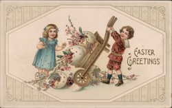 Children with Wheelbarrow of Easter Eggs - Vintage Easter Postcard With Children Postcard Postcard