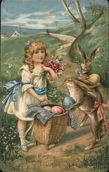 Easter Girl with Rabbits and Eggs With Bunnies Postcard Postcard Postcard