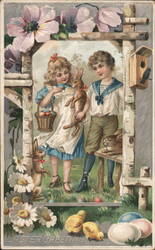 Children with Easter Bunny and Eggs, Birch Bark Frame, Vintage Postcard With Children Postcard Postcard