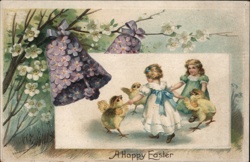 Two Girls and Chicks, Happy Easter, Vintage Embossed Postcard Postcard Postcard