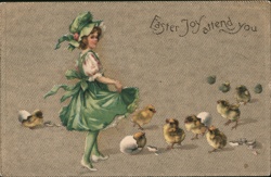 Little Girl in Green Dress with Chicks - Easter Greeting Postcard