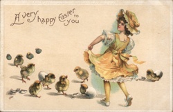 Little Girl with Chicks, Easter Greetings Postcard