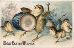 Easter Chicks Play Drum Cymbal & Twig Band, Vintage Illustration Postcard