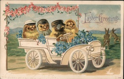 Three Chicks in Antique Car, Easter Greetings - Anthropomorphic Postcard Postcard Postcard