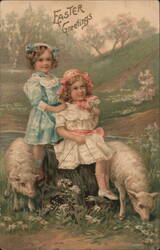 Two Girls with Lambs, Easter Greetings Postcard Postcard Postcard