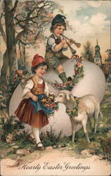 Children with Lamb and Easter Egg - German Easter Greeting With Children Postcard Postcard Postcard