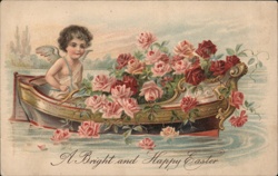 Cherubic Angel in Rose-Filled Boat, Easter Greeting Postcard