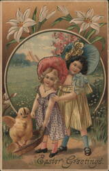 Two Girls with Easter Chick, Lilies, and Countryside - Vintage Easter Postcard