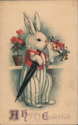 Anthropomorphic Easter Bunny with Flowers & Umbrella Postcard