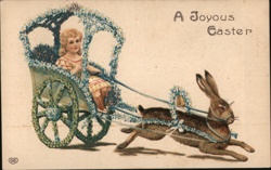 Antique Easter Postcard: Girl in Floral Cart, Bunny, Joyous Easter With Children Postcard Postcard