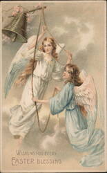 Easter Angels Ringing Bell, Vintage Holiday Postcard Postcard