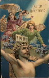 Jesus on the Cross with Angels, Easter Greetings - Embossed Vintage Postcard Postcard