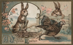 Easter Rabbits, Hen & Eggs - Vintage Embossed Postcard Postcard Postcard