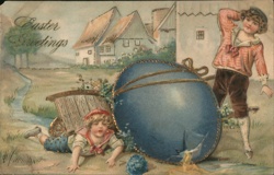 Antique Easter Postcard: Children & Giant Egg Postcard Postcard