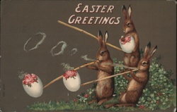 Easter Bunnies Playing Pipes, Vintage Embossed Postcard With Bunnies Postcard Postcard