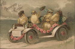 Baby Chicks in Antique Car, Easter Greeting, Embossed - Vintage Postcard Postcard Postcard