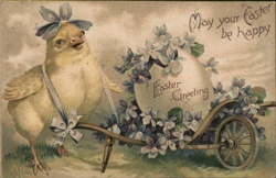 Easter Chick with Wheelbarrow of Violets - Vintage Easter Greeting Postcard