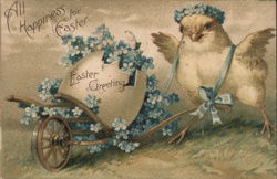 Easter Chick with Wheelbarrow, Forget-Me-Nots, Vintage Easter Greeting Postcard Postcard Postcard