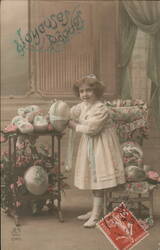 Little Girl with Easter Eggs, Paris, France - Antique Color Postcard Postcard Postcard