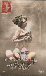 Woman with Easter Eggs Basket - French Postcard Postcard Postcard