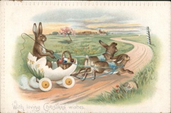 Easter Bunny Egg Carriage, Country Road, Vintage Postcard With Bunnies Ed. H. Lagerman Postcard Postcard