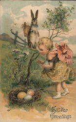 Little Girl & Easter Bunny Find Easter Eggs - Vintage Easter Postcard With Children Postcard Postcard