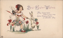 Little Girl & Bunny Celebrate Easter | Vintage Holiday Postcard With Bunnies Postcard Postcard