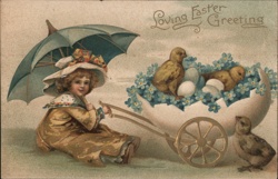 Easter Girl with Chicks & Eggs in Cart, Parasol, Vintage Postcard Postcard