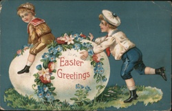 Two Boys with Giant Easter Egg, Easter Greetings, c. 1909 With Children Postcard Postcard Postcard