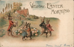 Welcome Easter Morning - Anthropomorphic Rabbits with Eggs With Bunnies Postcard Postcard Postcard