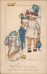 Little Girl with Easter Umbrella, Chicks & Bunnies - Vintage Easter Postcard Postcard Postcard