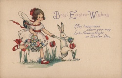 Girl & Bunny with Easter Baskets, Vintage Easter Postcard With Bunnies Postcard Postcard