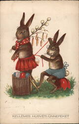 Two Easter Bunnies Sewing, Vintage Hungarian Postcard With Bunnies Postcard Postcard