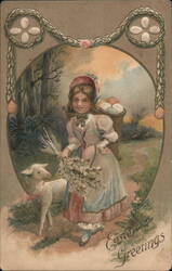 Little Girl with Lamb & Pussy Willows, Easter Greetings With Children Postcard Postcard Postcard