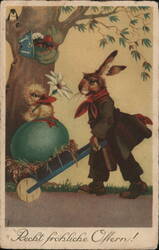 Easter Bunny & Chick with Egg, Colorful German Postcard Postcard